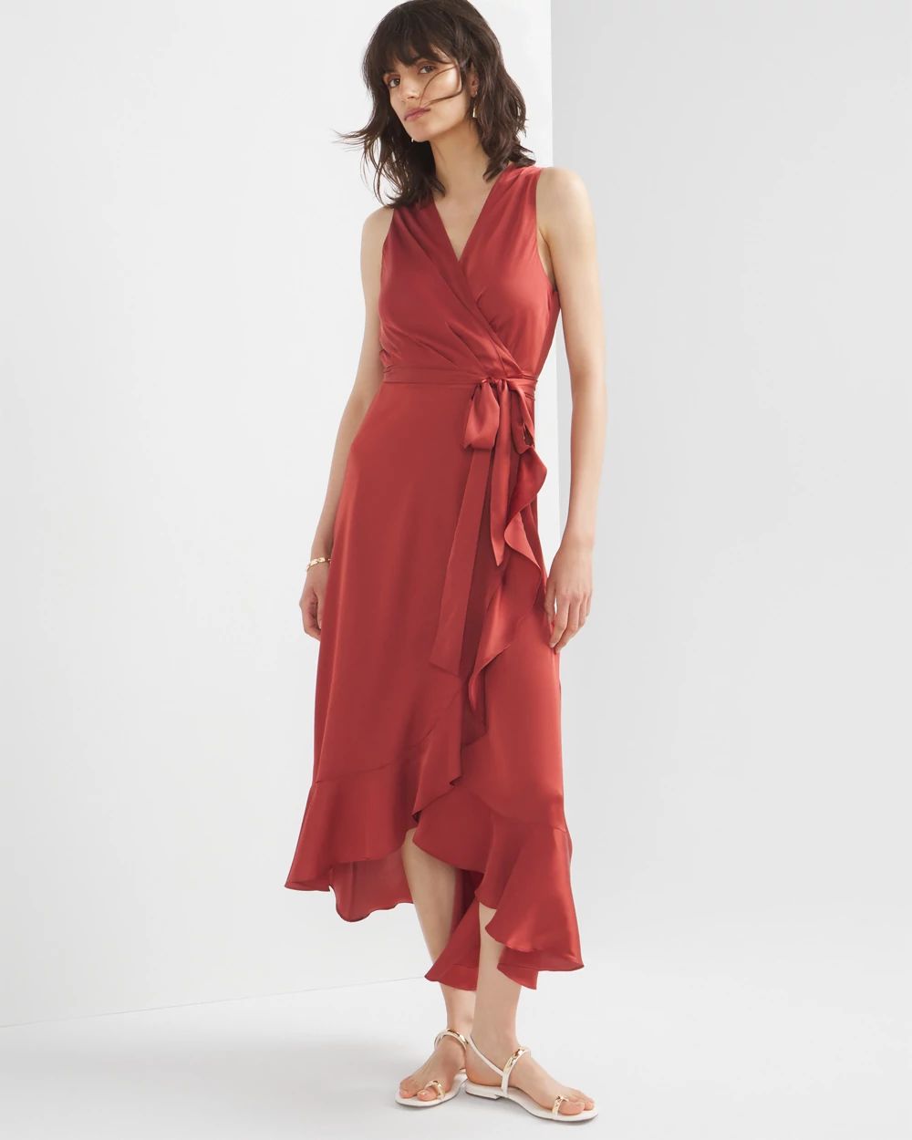 Sleeveless red wrap dress on sale